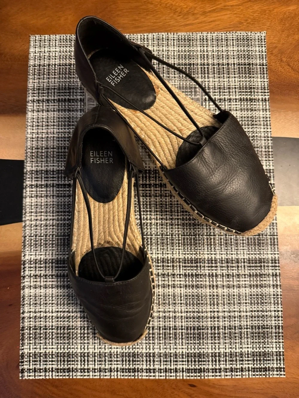 Eileen Fisher Lee Black Leather Espadrille Flats | Size 9 Minimalist Chic